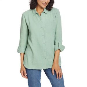 Anne Klein Women's Lightweight Cotton Gauze Button Up Down Front Green Shirt